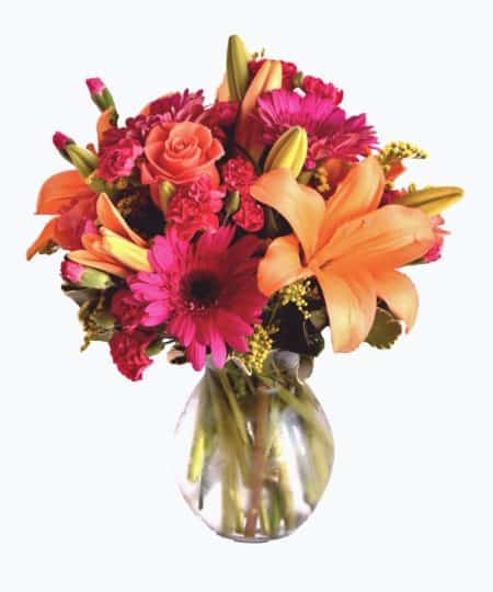 Our Just Happy design is one of our best sellers all year long.  The design includes Roses, Lilies and Gerbera Daisies that will brighten any day! Be happy with a Just Happy Bouquet!